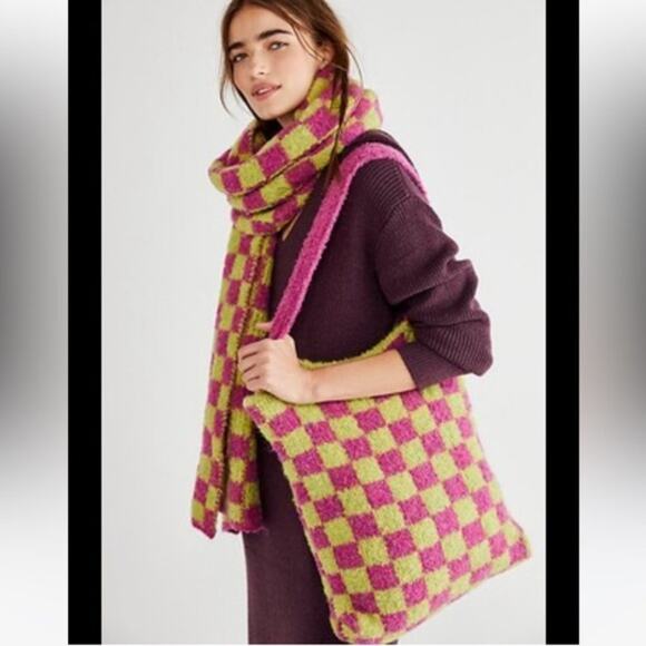 NWOT Free People Checkers Carry On Scarf Set - Green/Magenta Combo - Picture 1 of 7